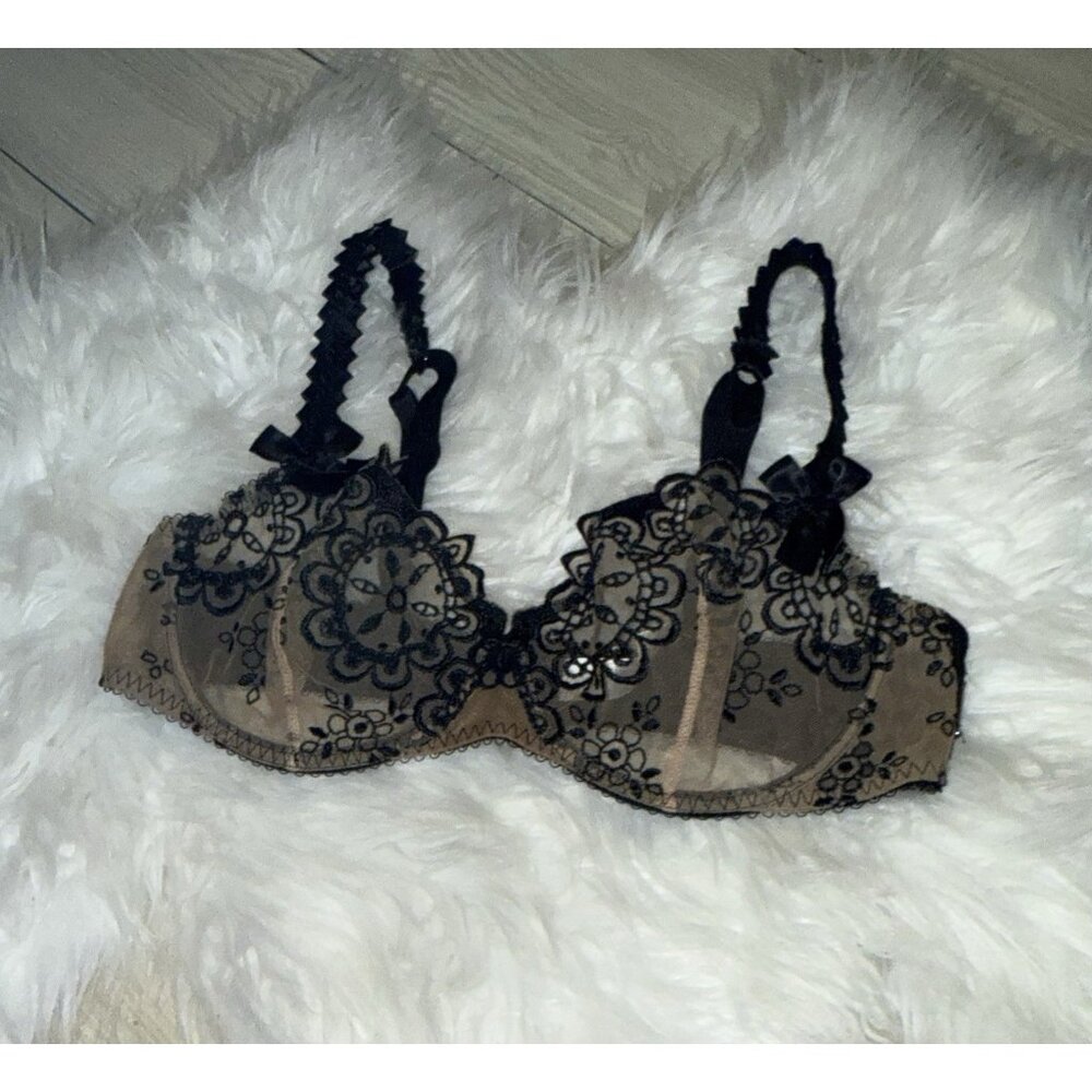 Lejaby Sheer Mesh Bra Underwire Medallion Print Womens 34D Black Beige